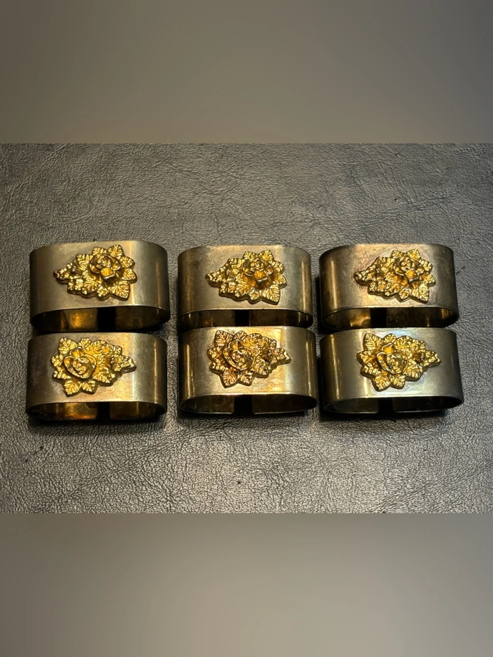 Vintage Set of 6 Floral Rose Metal Napkin Rings – Silver & Gold Tone